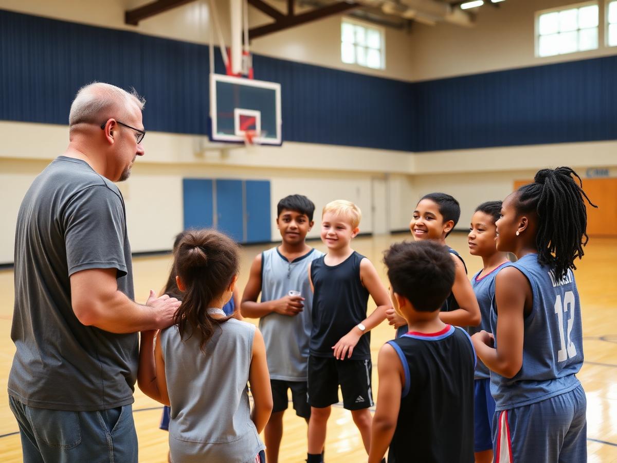 A youth coach teaching basketball fundamentals to a beginner team in a school gym