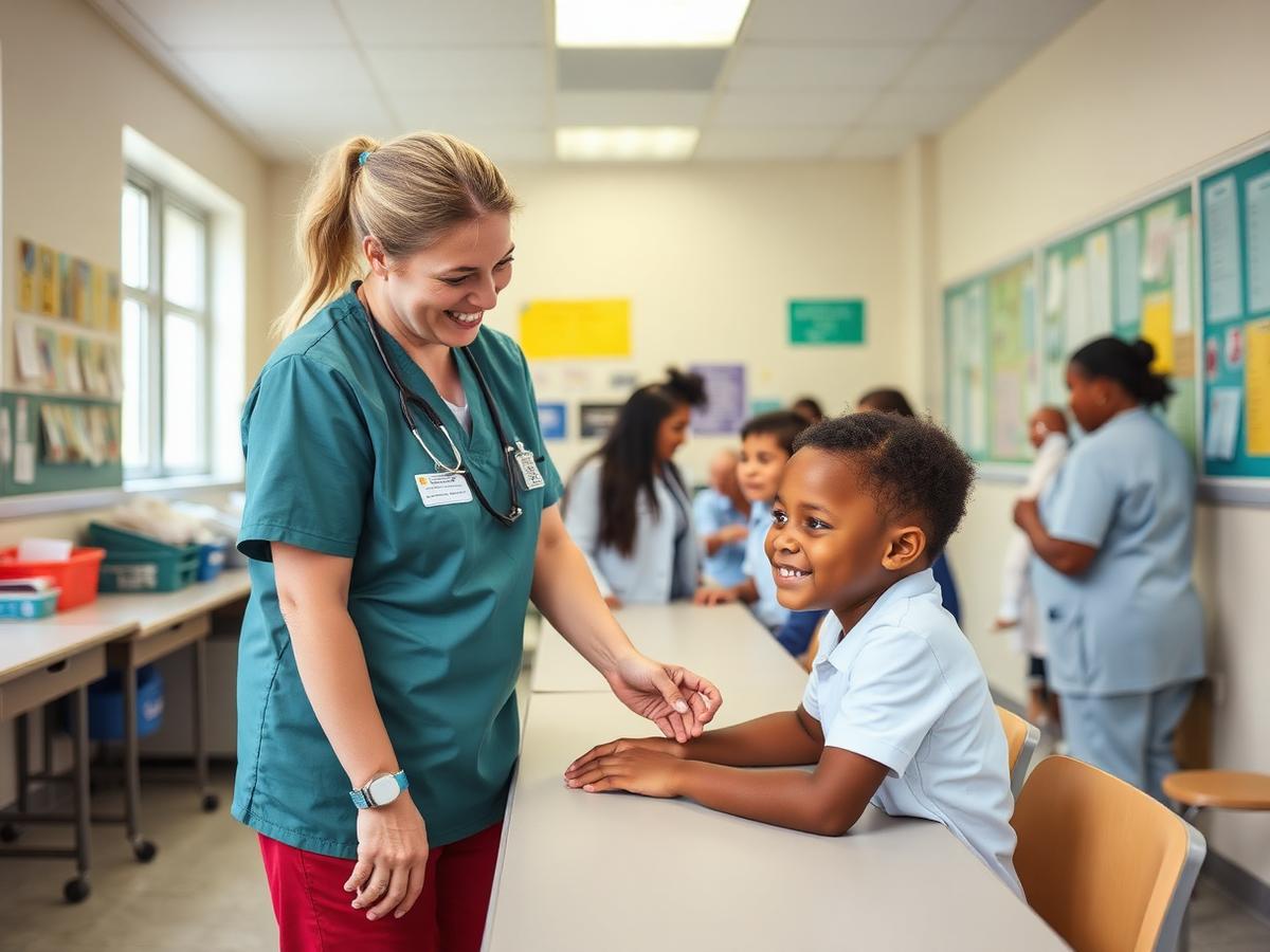 A school health-room aide checking on a smiling elementary student